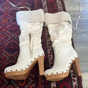 White lace up knee high boots